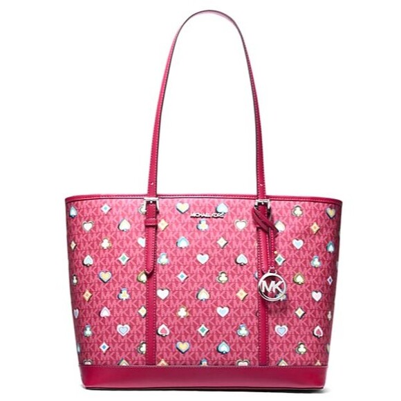 New Michael Kors Jet Set Large Printed Signature Logo Tote Bag Dark Raspberry - Picture 1 of 5